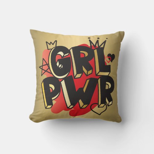 GRL PWR Crown  Hearts Red  Gold  Throw Pillow