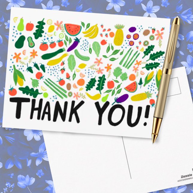 Groceries Fruits Veggies Colorful Thank You Postcard (Fruits and vegetables thank you postcard. Customize with your own text
)