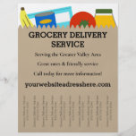 Grocery Delivery Service Flyer, Tear Off Strips Flyer<br><div class="desc">Get the word out about your grocery shopping and food delivery service business with an eye-catching flyer. This flyer features a background style illustration of a grocery store or supermarket brown paper bag or sack filled with food items with plenty of space for your to describe your business. The bottom...</div>