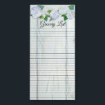 Grocery List Cottage White Wood Blue Hydrangeas Magnetic Notepad<br><div class="desc">Display your grocery list elegantly!  Hand painted watercolor artwork has a lovely,  spring garden feel all year around.  Blue hydrangeas with a touch of purple and their leaves are in a border on top of a cottage white wood,  painted background with lines for text.  Copyright,  Audrey Jeanne Roberts.</div>