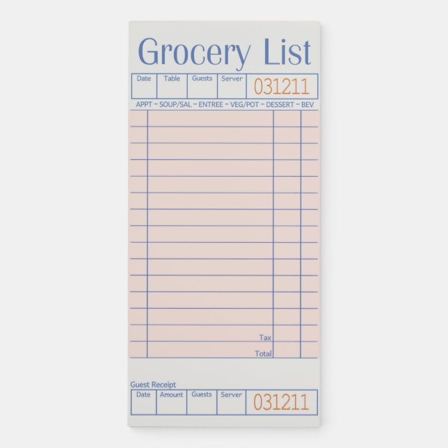 Grocery List Guest Check Magnetic Notepad (Front)