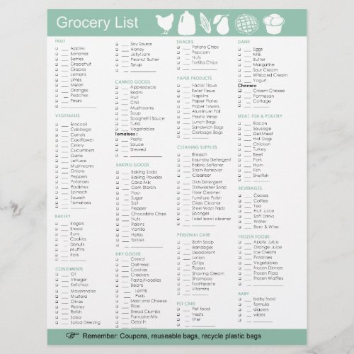 Grocery List of food paper cleaning products etc