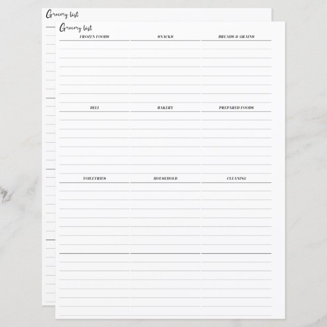 Grocery List Planner Insert Pages  (Front/Back)