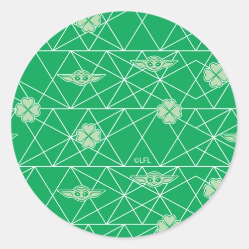 Grogu and Clovers Geometric Pattern Classic Round Sticker