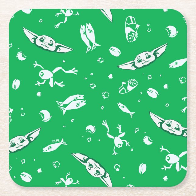 Grogu Green Snacks Pattern Square Paper Coaster (Front)