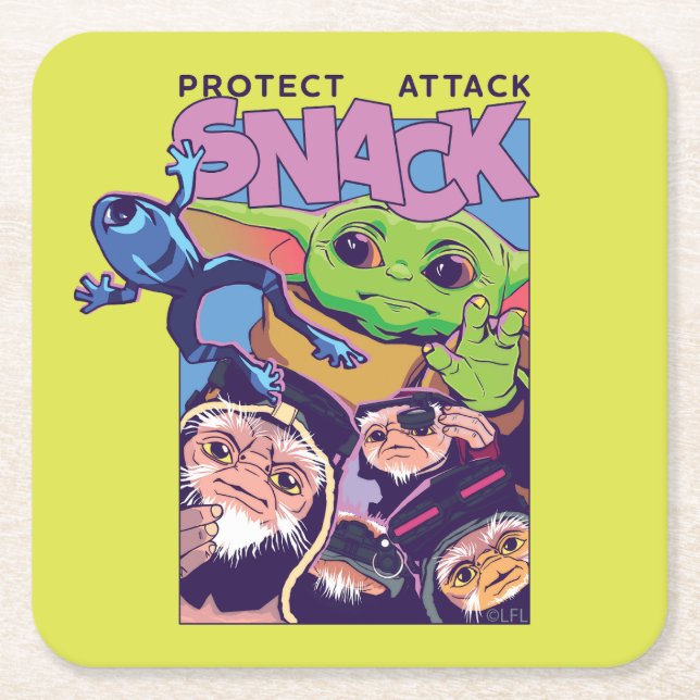 Grogu - Protect. Attack. SNACK! Square Paper Coaster (Front)