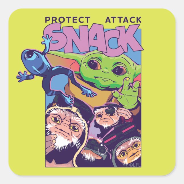Grogu - Protect. Attack. SNACK! Square Sticker (Front)
