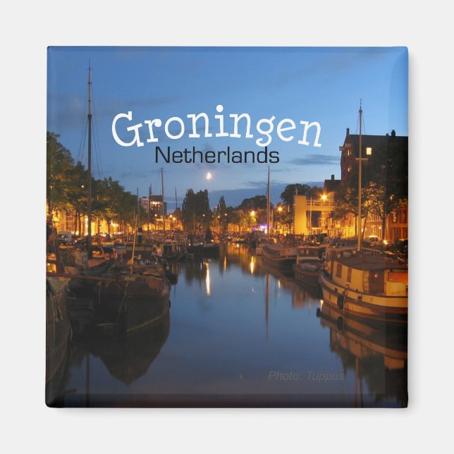 Groningen Netherlands Night Scene Fridge Magnet (Front)