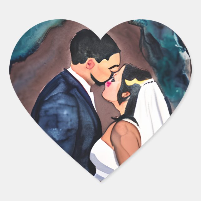 Groom and Bride Wedding Kiss Heart Sticker (Front)