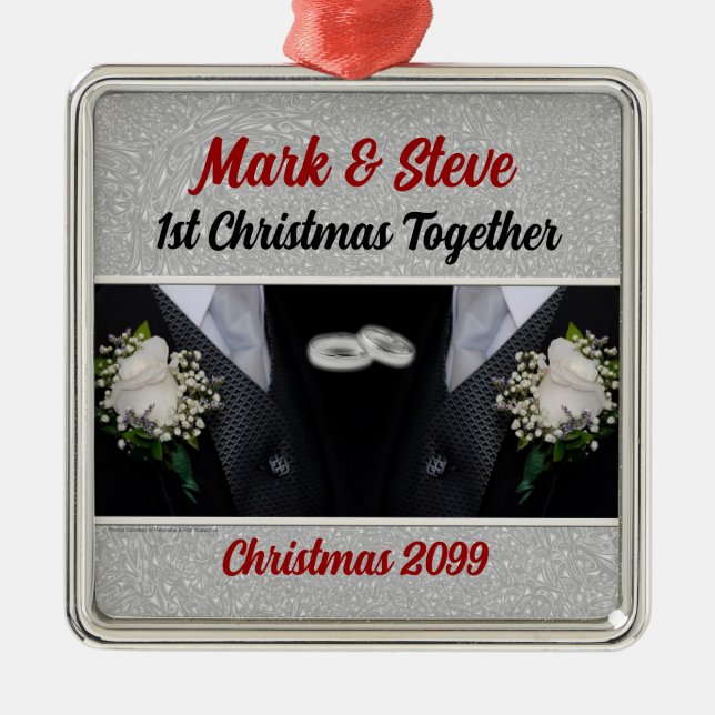 Groom and Groom Gay Marriage 1st Christmas Metal Ornament (Front)