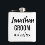 Groom Bachelor Party Wedding Favor Flask<br><div class="desc">This modern,  simple flask design is perfect for the groom for his bachelor party or on the wedding day!  Personalize with the details of your choice.  The background color can be changed to fit your preference.</div>