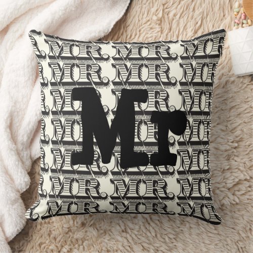 Groom Black and Ivory Mr Typography Pattern Throw Pillow