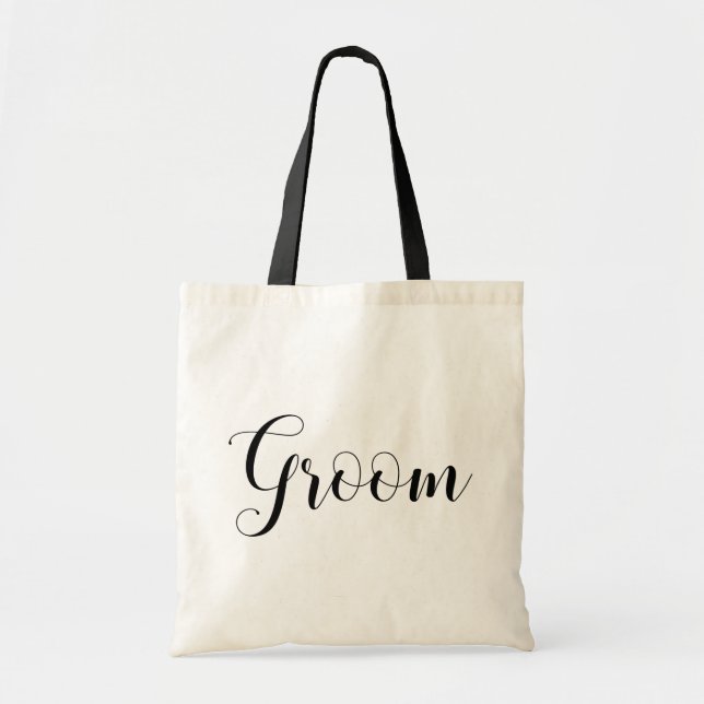 Groom. Black and white elegant script wedding Tote Bag (Front)