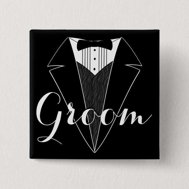 Groom Black and White Tux Wedding Party Button (Front)