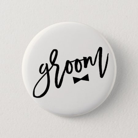 Groom Black Brush Script Bow Tie Wedding Party Button