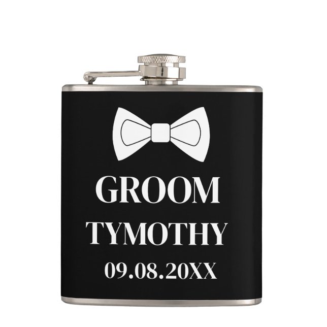 Groom Black Elegant Modern Gifts Wedding Flask (Front)