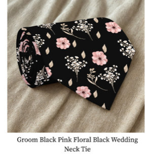 Groom Black Pink Floral Black Wedding  Neck Tie