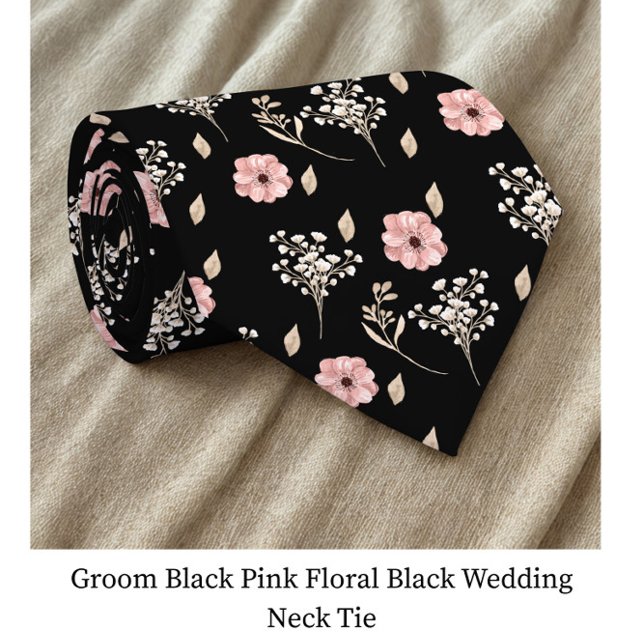 Groom Black Pink Floral Black Wedding  Neck Tie (Creator Uploaded)