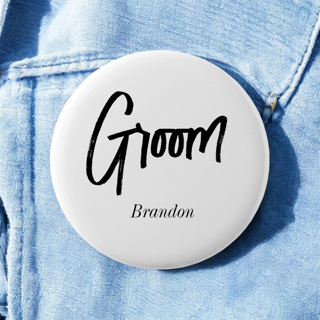 Groom Black White Script Wedding  Button (Creator Uploaded)