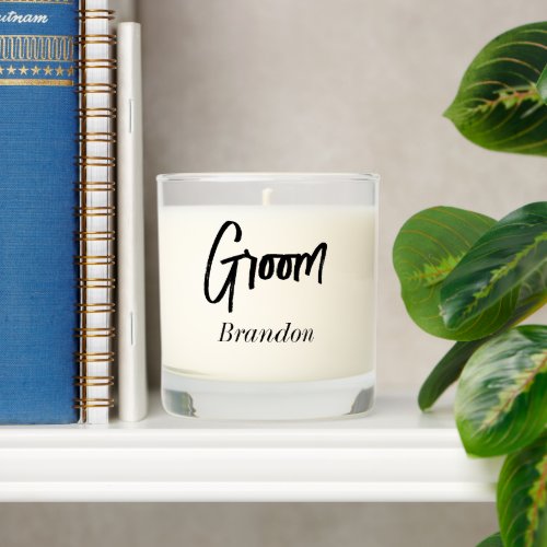 Groom Black White Script Wedding  Scented Candle