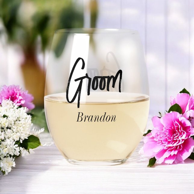 Groom Black White Script Wedding Stemless Wine Glass (Creator Uploaded)