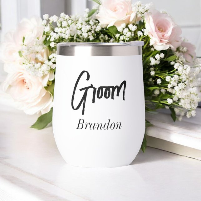 Groom Black White Script Wedding  Thermal Wine Tumbler (Creator Uploaded)