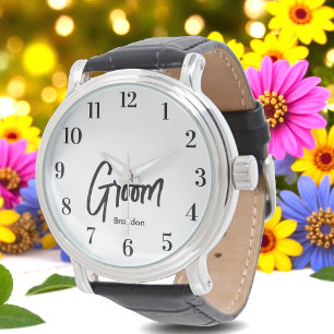 Groom Black White Script Wedding Watch