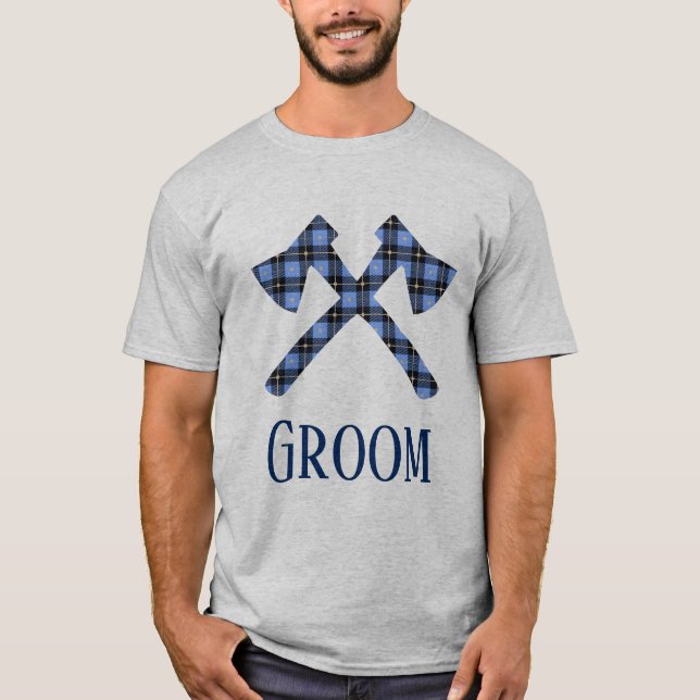 Groom blue and black plaid double cross ax T-Shirt (Front)
