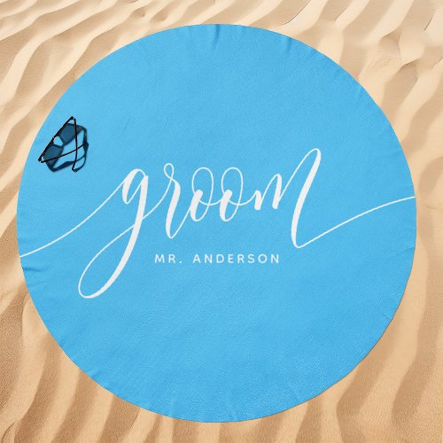 Groom Blue And White Custom Name Beach Towel