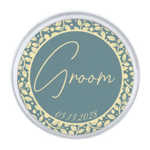 Groom Blue & Cream Leaf Wedding Silver Finish Lapel Pin