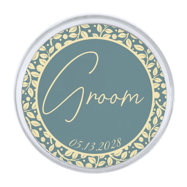 Groom Blue & Cream Leaf Wedding Silver Finish Lapel Pin (Front)