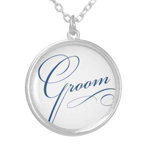 Groom blue elegant typography script silver plated necklace