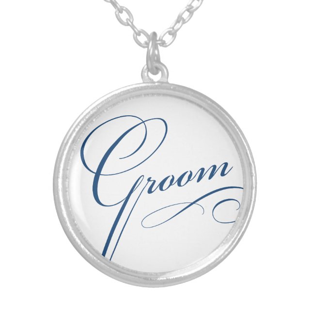 Groom blue elegant typography script silver plated necklace (Front)