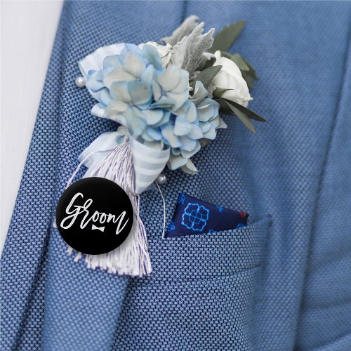 Groom Bow Tie White Script Bridal Party Wedding Pinback Button