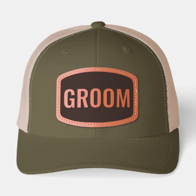 Groom/Bride Block Stamp Retro Trucker Leather Patch Hat (Front)