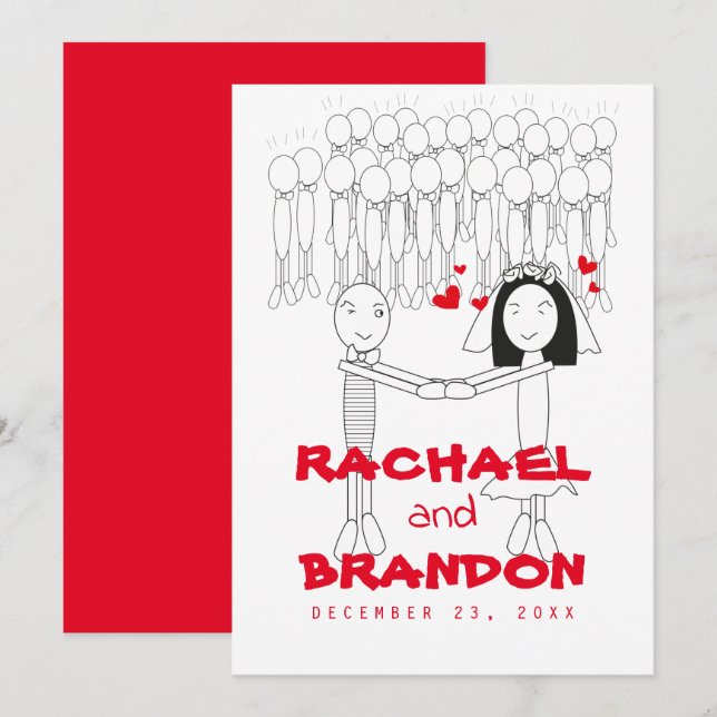 groom bride cartoon with red heart invitations (Front/Back)