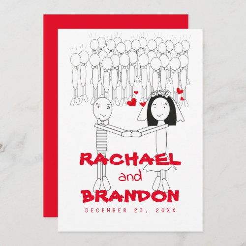 groom bride cartoon with red heart invitations