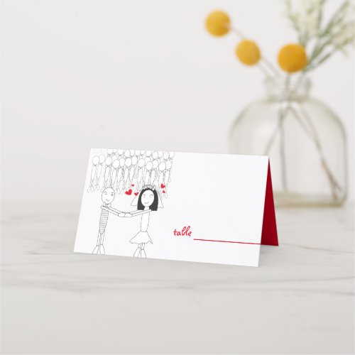 groom bride cartoon with red heart place cards