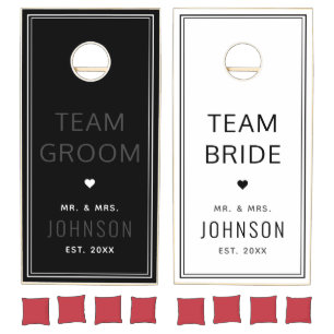 Groom Bride Minimalist Black White Heart Romantic Cornhole Set