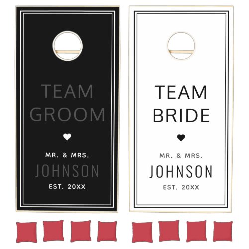 Groom Bride Minimalist Black White Heart Romantic Cornhole Set