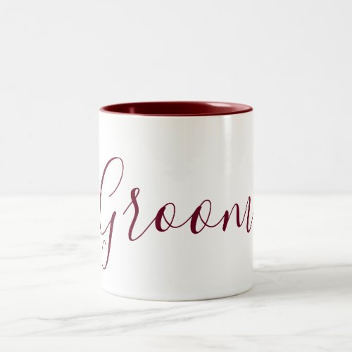 Groom Burgundy and White Cursive Two_Tone Coffee Mug