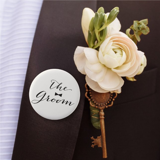 Groom Classic Script Bow Tie Wedding Bridal Party Pinback Button ('The Groom' Bow Tie Classic Script Calligraphy Wedding Rehearsal Pin Button @ fatfatin_blue_knot)