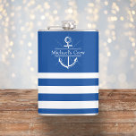 Groom Crew Navy Blue Bachelor Party Gift Keepsake Flask<br><div class="desc">This personalized flask is the perfect gift for the groom and his guests at a bachelor weekend by the coast. It features a navy and white color scheme, with a coastal design that includes the name of the groom. Made of high-quality stainless steel, this flask is durable and built to...</div>