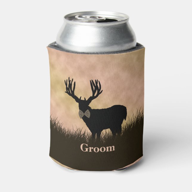 Groom Deer Stag Silhouette Landscape Hunting Can Cooler (Can Back)