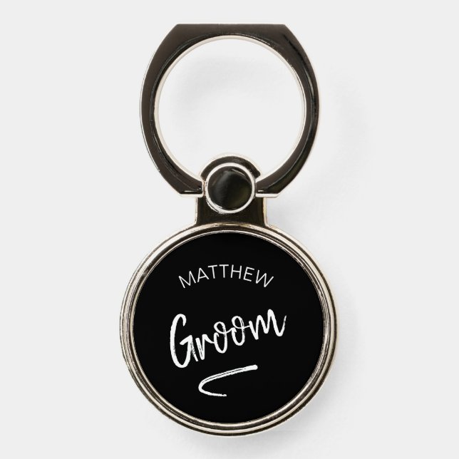Groom Elegant Black White Personal Phone Ring Stand (Front)