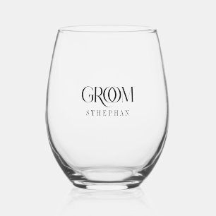 Groom Elegant Gray Typography Stemless Wine Glass