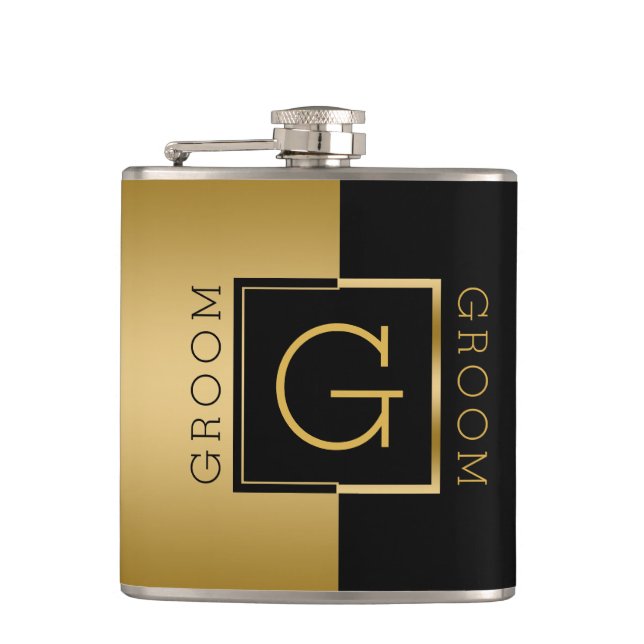 Groom Gold & Black Modern Geometric Design Flask (Front)