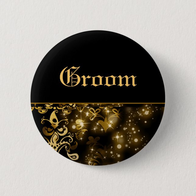 Groom gold black wedding bridal party button (Front)