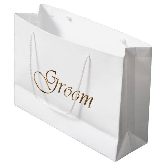 Groom, gold script elegant calligraphy large gift bag (Front Angled)