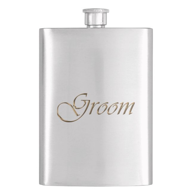 Groom, gold script elegant chic flask (Front)